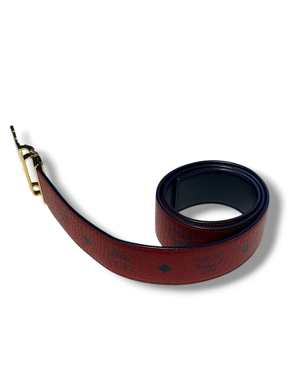 MCM Men's Monogram Logo Reversible Red/Blue Adjustable Belt Gold Tone M Buckle